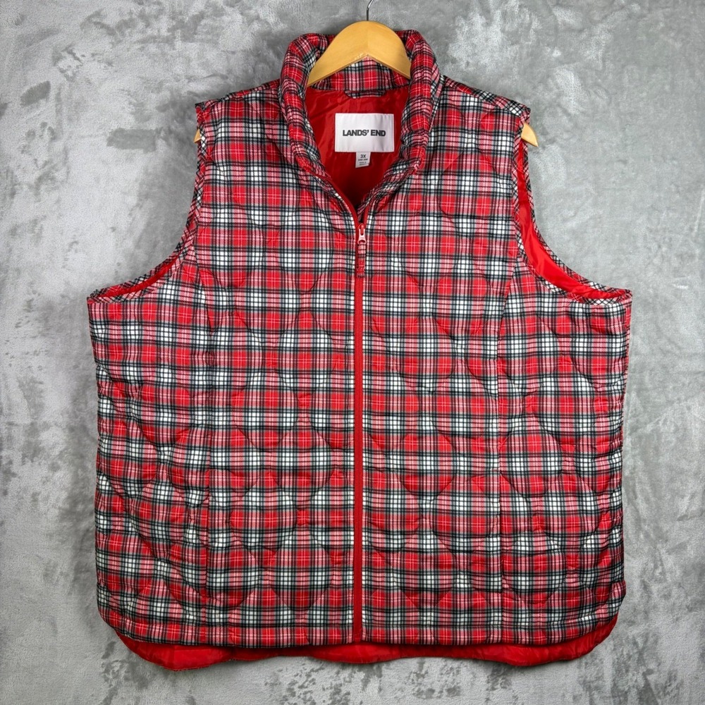 Land's End Red Plaid Puffer Vest 3X Red Black‎ Plus Size Quilted Outdoor Preppy